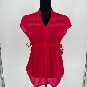 Decree Red Pink Striped Short Cap Sleeve Top Lace Bow Ties Button Up Cotton M-L